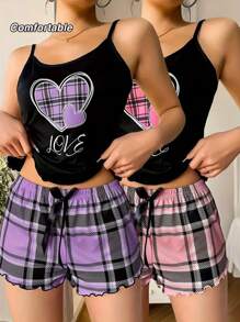 2 Sets Women's Lovely Plaid Heart & Letter Print Lettuce Frill Trim Casual Pajama Set Bow Front Round Neck Backless Cami Top & Shorts Comfortable Relaxed Sleepwear & Loungewear,Two Pieces Set
