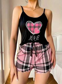 2 Sets Women's Lovely Plaid Heart & Letter Print Lettuce Frill Trim Casual Pajama Set Bow Front Round Neck Backless Cami Top & Shorts Comfortable Relaxed Sleepwear & Loungewear,Two Pieces Set