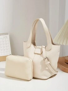 Set di borse tote da donna in colore unito e grana di litchi in PU, semplice e alla moda, include una borsa secchiello casual/da lavoro con tracolla regolabile e un portafoglio piccolo staccabile, adatto per lo shopping, il pendolarismo e l'uso quotidiano in ufficio - Multicolore - Visualizzare 3