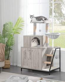 HaluPeit Cat Litter Box Enclosure With Cat Tree, 4-In-1 Modern Cat House With Large Platform, Cat Condo With Sisal Scratching Mat, Posts, Stairs And Pompom, Washable Cushions, Greige - Greige - View 1
