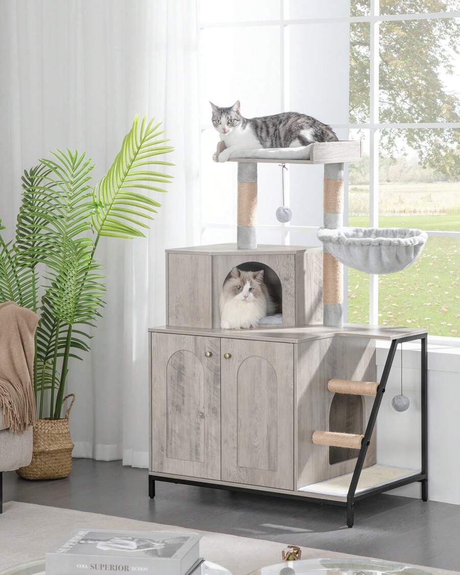 HaluPeit Cat Litter Box Enclosure With Cat Tree, 4-In-1 Modern Cat House With Large Platform, Cat Condo With Sisal Scratching Mat, Posts, Stairs And Pompom, Washable Cushions, Greige - Greige - View 1