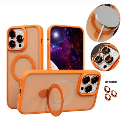 Hadaasi 1 个橙色磁性枢轴支架带合金镜头膜，磨砂肌肤触感 PC+硅胶 TPU 二合一带隐藏式可旋转磁性金属可折叠指环支架，超薄防震半透明磨砂防指纹气囊保护手机壳兼容 Apple 17Pro/17ProMax/17Air/17/16Pro/16ProMax/16Plus/16/15Pro/15ProMax/15Plus/15/14Pro/14ProMax/14Plus/14/13Pro/13ProMax/12Pro/12ProMax/12/11ProMax/11/11Pro 防水防摔防刮