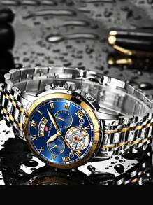 VA VA VOOM 1pc Men Watch Stainless Steel Fashion Watch Strap Analog Tourbillon Design Waterproof Calendar Sports Men's Quartz Watch - Blue - View 3