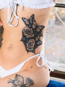 Tatouages semi-permanents minimalistes au jus d'herbes, motifs papillon et rose, cadeau pour festival de musique, fête, vacances, résistant à l'eau 7-14 jours, non décolorant, non réfléchissant, autocollant de tatouage corporel pour épaule, cou, bras, taille, abdomen, jambe, clavicule, 1 feuille - Bleu azur - Voir 4