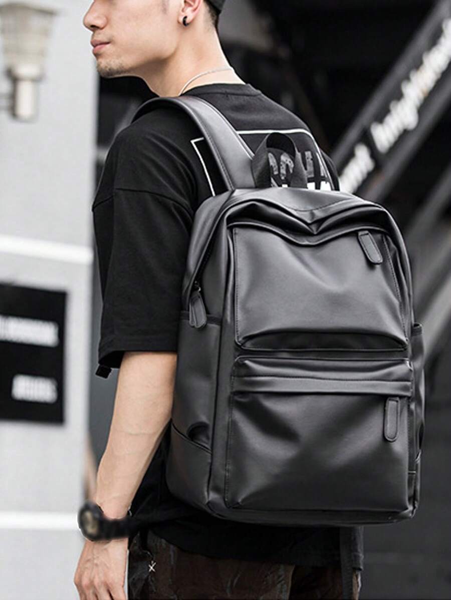 Mochila estilo coreano para hombres, mochila casual minimalista de cuero PU, bolsa para portátil de gran capacidad y multifunción, mochila escolar para la temporada de regreso a clases (dirección de la cremallera aleatoria) - Negro - Ver 1