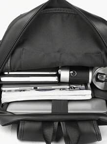 Mochila estilo coreano para hombres, mochila casual minimalista de cuero PU, bolsa para portátil de gran capacidad y multifunción, mochila escolar para la temporada de regreso a clases (dirección de la cremallera aleatoria) - Negro - Ver 6