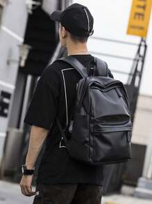 Mochila estilo coreano para hombres, mochila casual minimalista de cuero PU, bolsa para portátil de gran capacidad y multifunción, mochila escolar para la temporada de regreso a clases (dirección de la cremallera aleatoria) - Negro - Ver 2