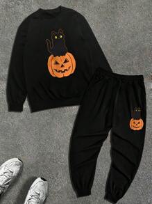 Men's Printed Sweatshirt And Casual Pants Set, Regular Fit, Versatile, For Halloween - Black - View 3