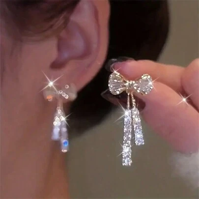 1 Pair Rhinestone Bow Tassel Drop Earrings, Cubic Zirconia Crystal Earrings, Jewelry Accessories For Women And Girls