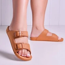 Birken Slide Two Buckles Injected Women's Flat Sandals - Camel - View 5