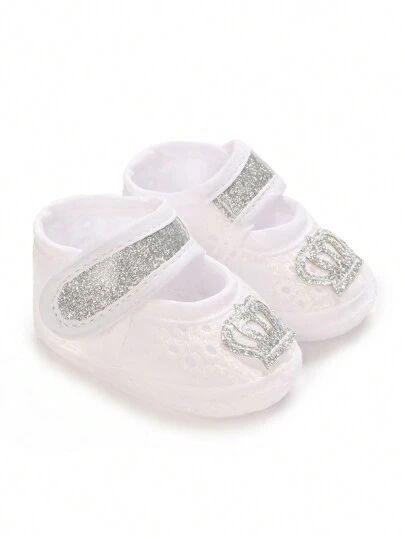 婴儿软底时尚皇冠设计低帮玛丽珍芭蕾平底鞋，女婴公主洗礼鞋