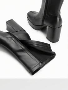 Women's Chunky Platform Mid-Calf Boots Waterproof Square Toe Fashionable Lightweight Comfort Elegant Bright Solid Color Side Zipper Classic For Parties Dress Festival Ankle Go Go BLack Boots - 黑色/PU - 查看 9