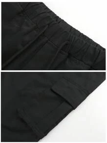 2pcs Set Men Spring&Autumn Multiple Pocket Cargo Pants, Streetwear Hip Hop Solid Color Drawstring Casual 3/4 Pants