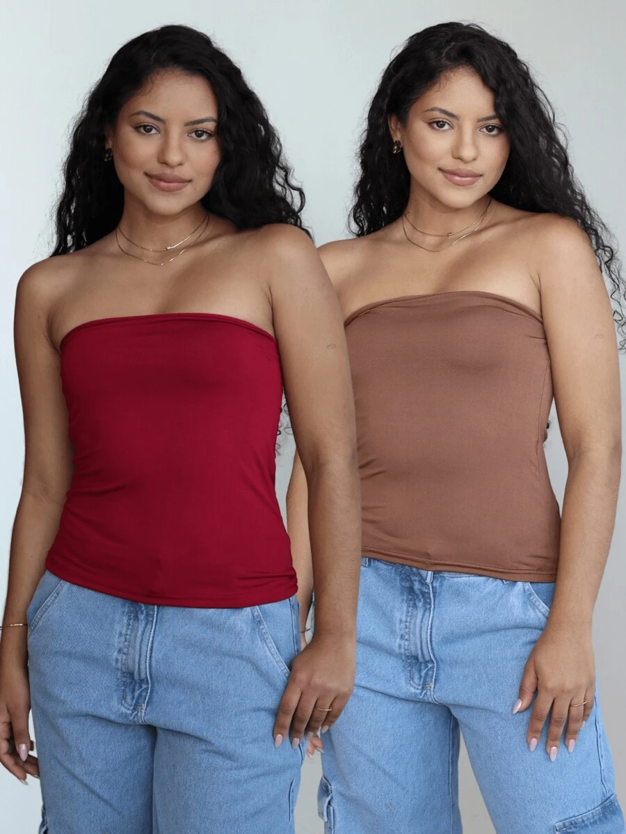 Kit 2 Women's Tube Top Basic Strapless Tube Blouse Lined Suplex - 查看 1