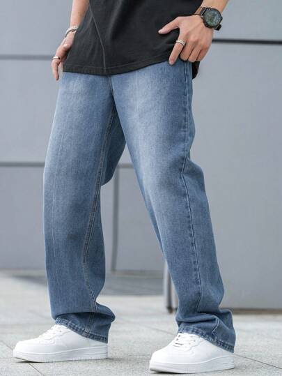 1 pieza Pantalones vaqueros anchos y sueltos azul de desteñido medio casual y sencillos para hombre
