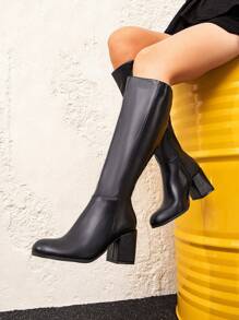 Women's Comfortable Suede Long Boots, Classic & Versatile Knee-High Boots, Ideal With Hoodies Fashion Round Toe Side Zipper Design, Style With Fall Clothes, Black Chunky Heel Riding Boots