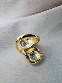 Ring 1 Square 1 Round Large Straight Abstract Smooth High Fusion Adjustable 18K Gold Plated 925 Silver - 金色 - 查看 1