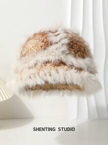 1 pieza Sombrero de cubo de piel de conejo sintética de moda tejido para mujer, gorro de orejeras de peluche cálido y versátil para otoño e invierno - Sombrero tejido - Ver 12