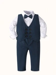 Traje formal para niños bebés 2024, conjunto de 4 piezas que incluye camisa de cuello blanco, chaleco sólido, moño y pantalones, atuendo para ocasiones formales