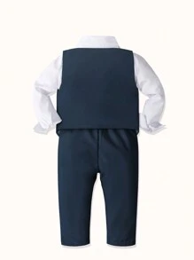 Traje formal para niños bebés 2024, conjunto de 4 piezas que incluye camisa de cuello blanco, chaleco sólido, moño y pantalones, atuendo para ocasiones formales