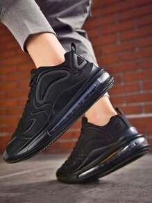 Los hombres de la moda negro de punta redonda de encaje hasta zapatillas de deporte de la PU, cómodo antideslizante amortiguación de aire zapatillas de tenis, zapatillas de deporte casual de los hombres para el deporte, el trabajo y todos los días - Negro - Ver 6