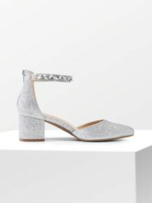 Women's Rhinestone Ankle Strap Heels Pumps Closed Pointed Toe Block Chunky Fashionable Party Shoes - Bạc - Xem 6