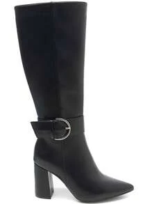 Camel High Block Heel Boots – Chic Decorative Buckle - Black - View 5