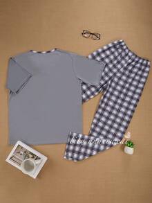 PIJAMA DE CABALLERO MANGA CORTA ESTAMPADO A CUADROS 100% ALGODON - Gris Claro - Ver 2