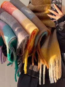 1pc Women's Fashion Plaid Tassel Scarf, Warm Thick Scarf For Autumn And Winter Outdoor Use, Multi-Color Patchwork Design, Suitable For Daily Life - Orange - View 1