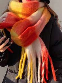 1pc Women's Fashion Plaid Tassel Scarf, Warm Thick Scarf For Autumn And Winter Outdoor Use, Multi-Color Patchwork Design, Suitable For Daily Life - Orange - View 3