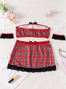 New Halloween Naughty Student Uniform Plaid Cute & Sexy Costume, Christmas Sexy Lingerie For Women For Rave - Red - View 7