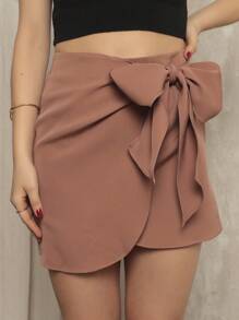 New Tailored Skirt With Bow Tie - 摩卡棕 - 查看 1