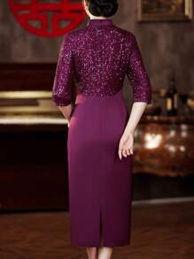 A Shimmering Sequined And Embroidered Three-Dimensional Floral Evening Gown, A New 2026 Style Cheongsam-Style Three-Quarter Sleeve Midi Dress With A Fitted Silhouette, A Pipa Collar, And An Over-The-Knee Design. Elegant Women's Attire, Featuring A Back Zipper. Suitable For All Seasons, Including Valentine's Day, Chinese New Year, And Other Occasions. Perfect For Everyday Wear, Casual Outings, Vacations, Events, Holidays, Weddings, Engagements, Ceremonies, Evening Gowns, Birthday Parties, Formal Occasions, Gift-Giving, Banquets, And Social Events. - 紫色 - 查看 7