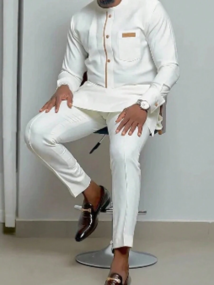 White Two-Piece Outfits For Men, Crewneck Long Sleeve Shirt With Decorative Buttons And Drawstring Trousers For Dates, Wedding, Party - 白色 - 查看 1