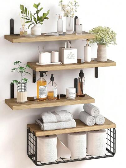 4+1 Tier Floating Shelves, Rustic Wood Wall Mounted Shelf, Bathroom Shelves Over Toilet With Wire Storage Basket, Farmhouse Wall Decor For Bedroom, Kitchen, Living Room And Plants (Rustic Brown)
