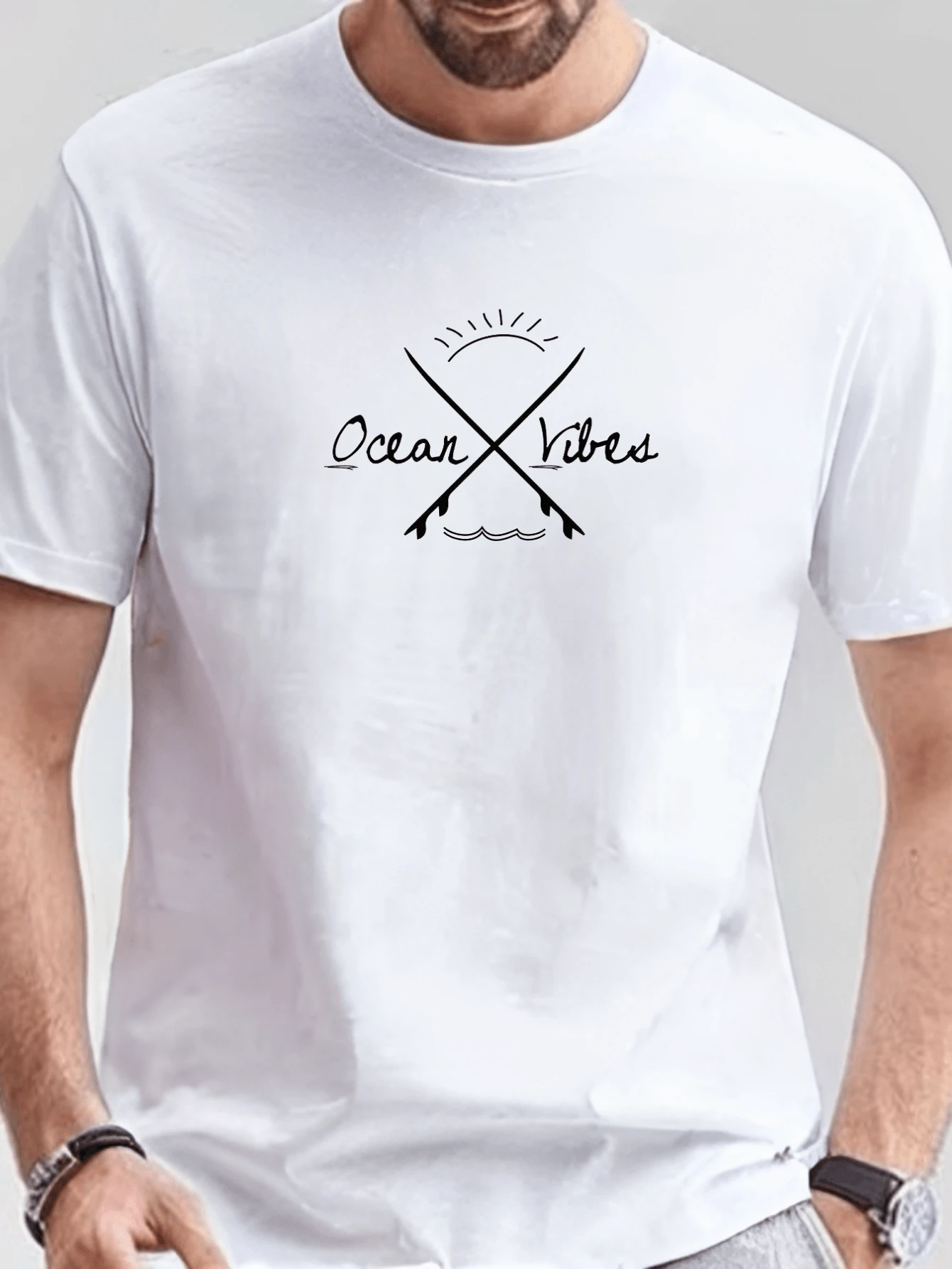 Men's Ocean Vibes Sea Beach T-Shirt 100% Cotton Premium Basic Shirt 30.1 Casual Mesh - trắng - Xem 1