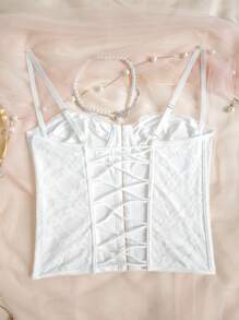 1pc Women's Fashionable Fishbone Boned Lace Camisole Top, Sexy Backless Design, Solid Color - 白色 - 查看 7