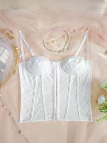 1pc Women's Fashionable Fishbone Boned Lace Camisole Top, Sexy Backless Design, Solid Color - 白色 - 查看 4