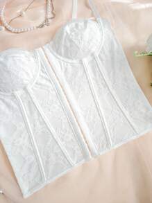 1pc Women's Fashionable Fishbone Boned Lace Camisole Top, Sexy Backless Design, Solid Color - 白色 - 查看 5