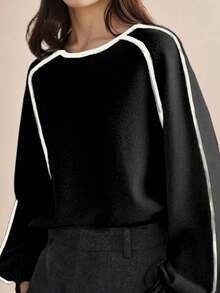 Fashionable Casual Knit Color-Block Long Sleeve Loose Pullover Top For Women - Black - View 1
