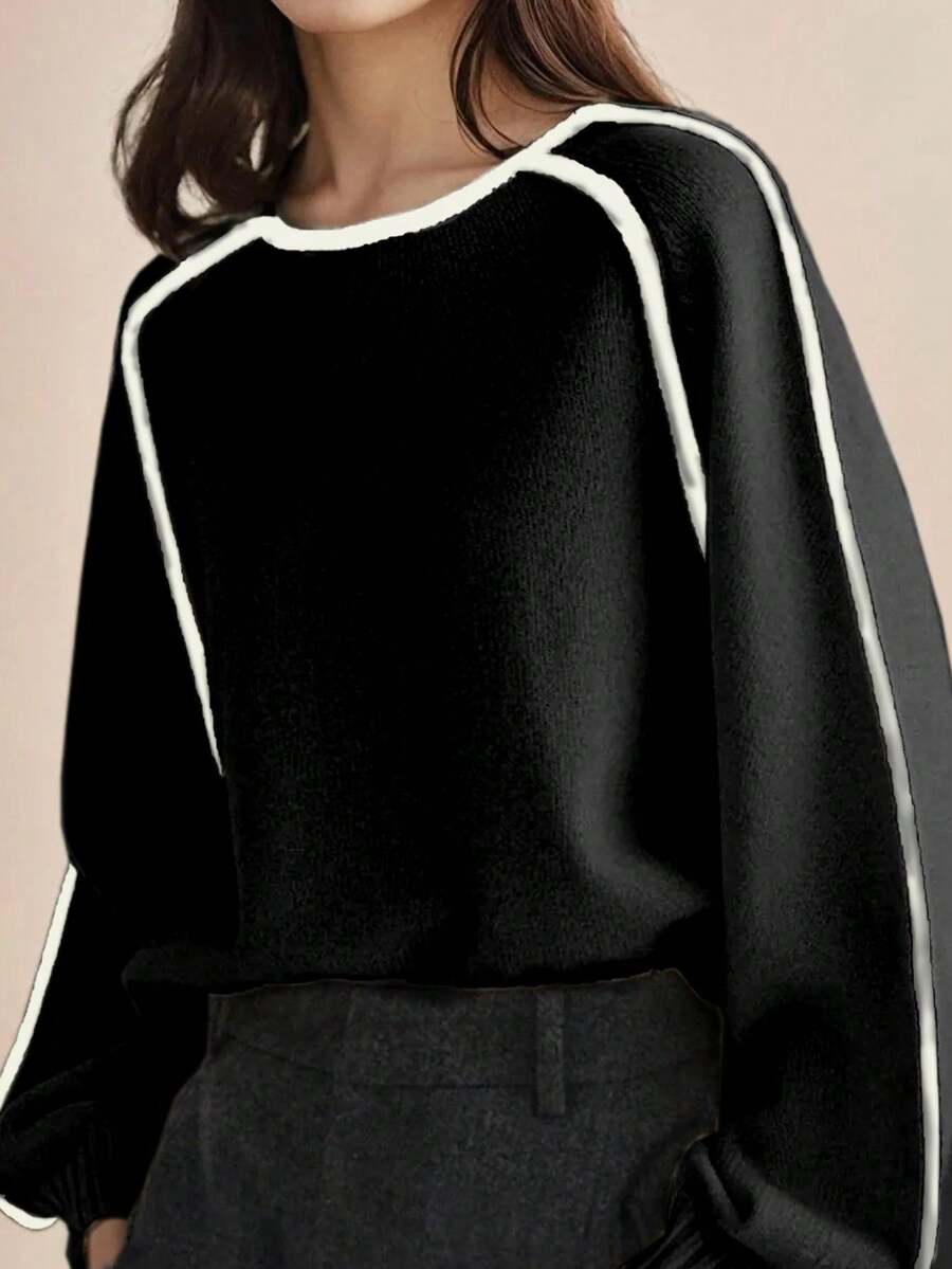 Fashionable Casual Knit Color-Block Long Sleeve Loose Pullover Top For Women - Black - View 1
