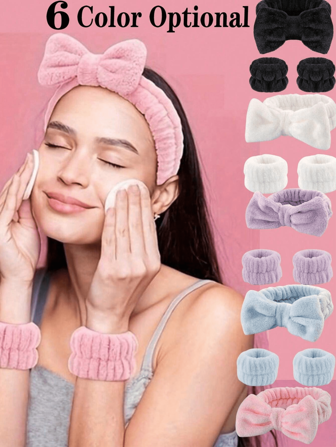 Set de 3 piezas/2 piezas de diadema y muñequera reutilizables para spa (diadema con lazo, diadema + muñequera, muñequera de toalla), diadema esponjosa de unicolor, diadema de felpa, diadema de yoga, envoltorio de microfibra para el cabello, muñequera de mujer con elástico ajustable, para baño, limpieza, artículos esenciales de viaje y regalos, decoración del hogar y del baño, decoración de otoño, regreso a la escuela