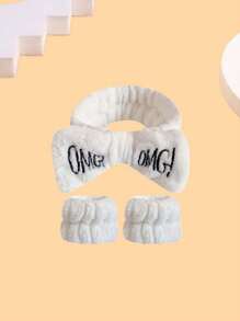 Cute Plush OMG Design Spa Wristband, Absorbent Coral Fleece Waterproof Headband Home Bathroom Decor Fall Decor Back To School - Multicolor - View 6