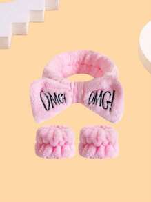 Cute Plush OMG Design Spa Wristband, Absorbent Coral Fleece Waterproof Headband Home Bathroom Decor Fall Decor Back To School - Multicolor - View 10