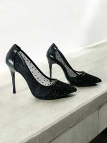 RevReaL Elegant Mesh Pumps With Studded Detailing Valentines Stylish High Heels - Black - View 3