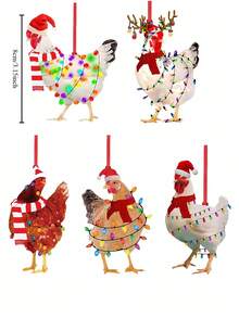 Chicken Christmas Ornaments, 2D Rooster Christmas Tree Ornaments, Chicken Ornaments, Chicken Hanging Ornaments, Suitable For Christmas, Home, Office, Garden, Terrace, Window, Car, Party, Birthday, Christmas Gifts - Multicolor - View 2