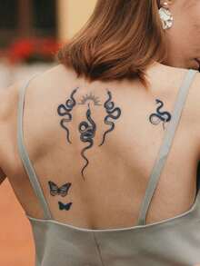 1pc Snake, Butterfly, Sunbeam Herbal Juice Semi-Permanent Music Festival Gift, Music Festival Daily Low-Key Tattoo, 7-14 Days Waterproof, Fade-Resistant, Arm, Wrist, Leg, Back Body Temporary Tattoo Sticker,Spine Tattoo - Blue - View 4