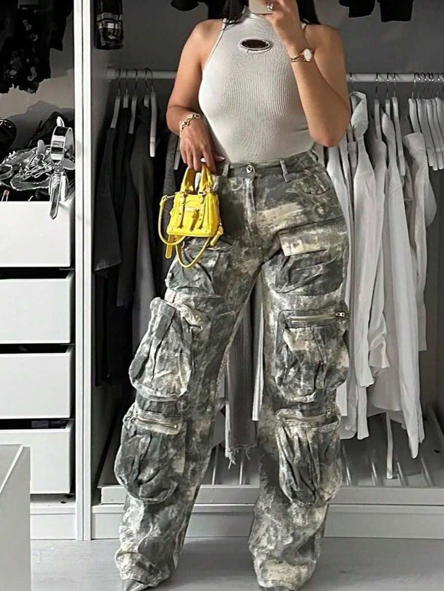 Women's High Waist Baggy Camo Cargo Pants With Pocket Relaxed Fit Straight Wide Leg Y2K Fashion Cargo Pants New Year Warm Thermal
