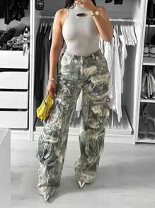 Women's High Waist Baggy Camo Cargo Pants With Pocket Relaxed Fit Straight Wide Leg Y2K Fashion Cargo Pants New Year Warm Thermal