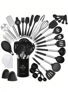Silicone Kitchen Cooking Utensil Set, 43 Pcs Spatula Set With Stainless Steel Handle, Non-Stick Heat Resistant - Best Cookware Set-(Black) - Black - View 13